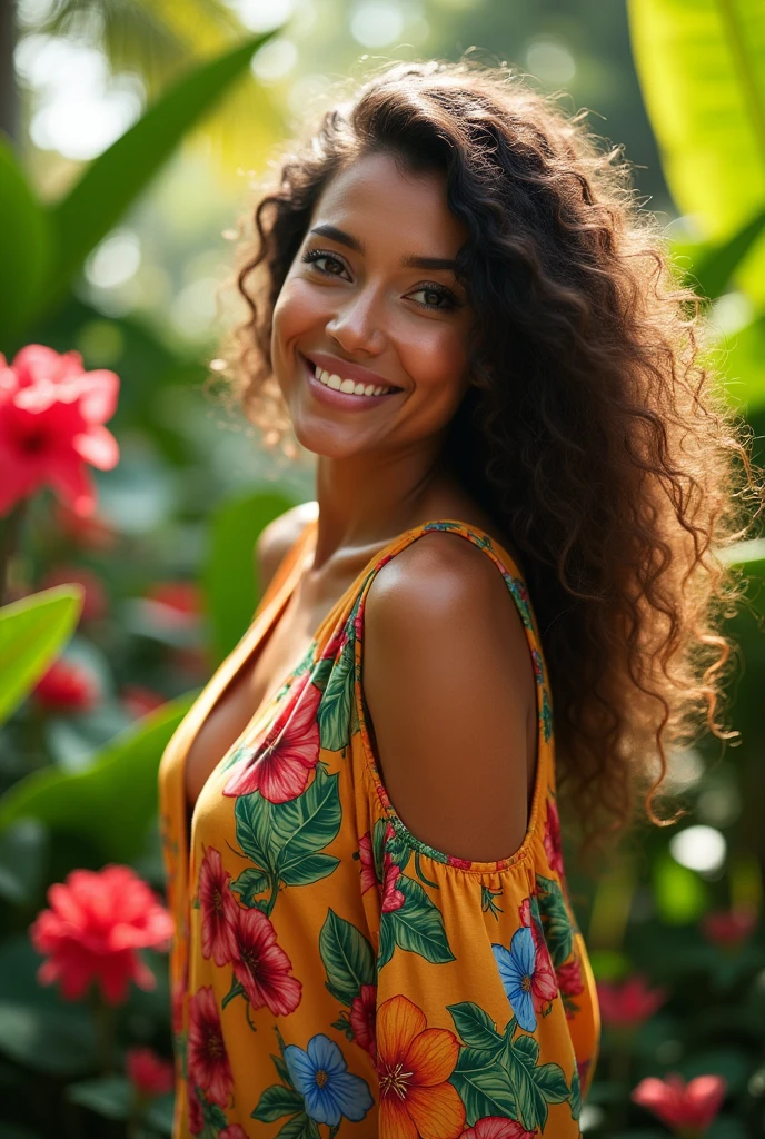 A Brazilian woman in a lush tropical garden, wearing an open shirt with a floral print, with a close-up capturing the harmonious beauty between her breasts and the natural flowers, showing off your natural charm and outgoing personality.