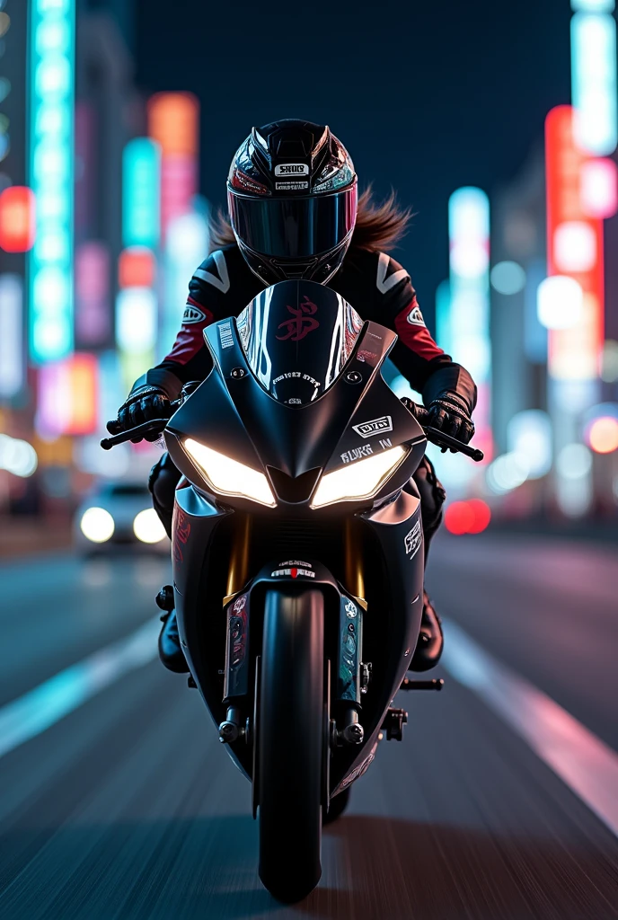 beautiful Japanese girl, Riding on a super cool sport motorcycle, at highway in metropolitan at night, high speed, dramatic scene, masterpiece, face focus, clear helmet visor, beautiful eyes, Honda bike, Shoei helmet, professional racer's outfits, boyish, shoot from side