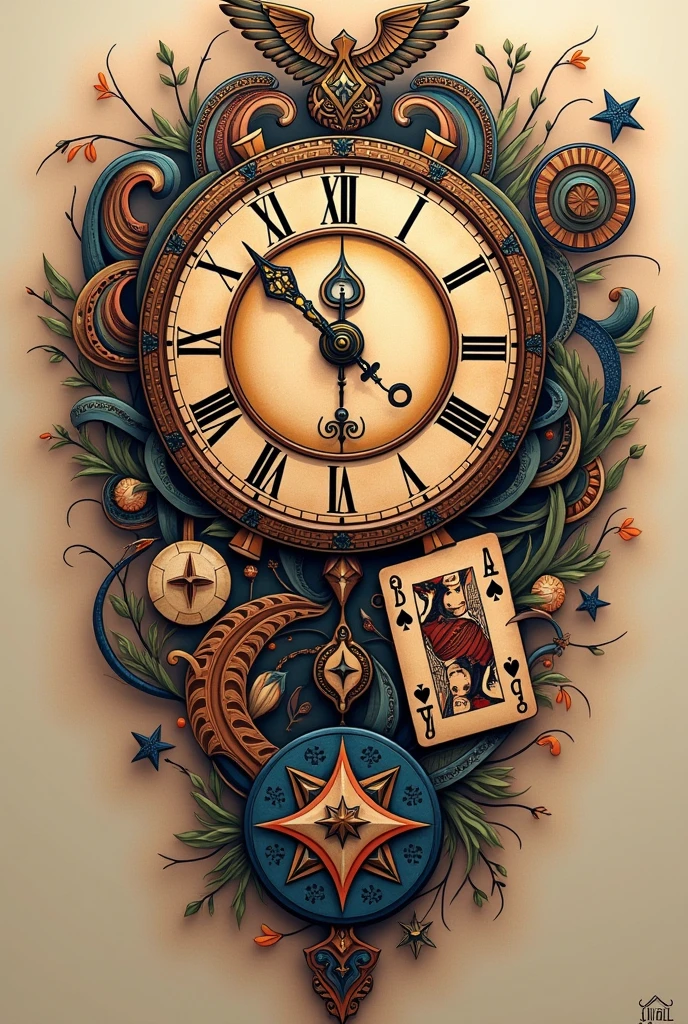 A tattoo of a Roman clock mixing Maori and abstract images and playing cards