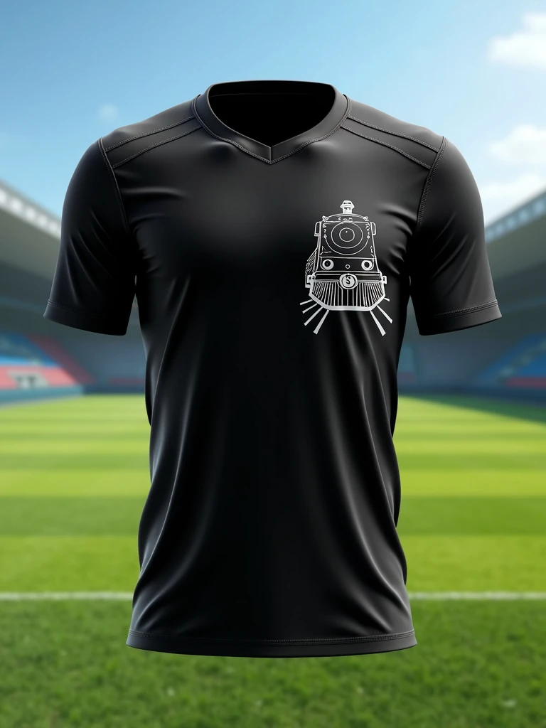 A minimalist all-black soccer team uniform, Symbol of a model train with a front view, white color outline high relief on the right side of the chest