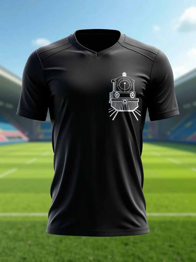 A minimalist all-black soccer team uniform, Symbol of a model train with a front view, white color outline high relief on the right side of the chest