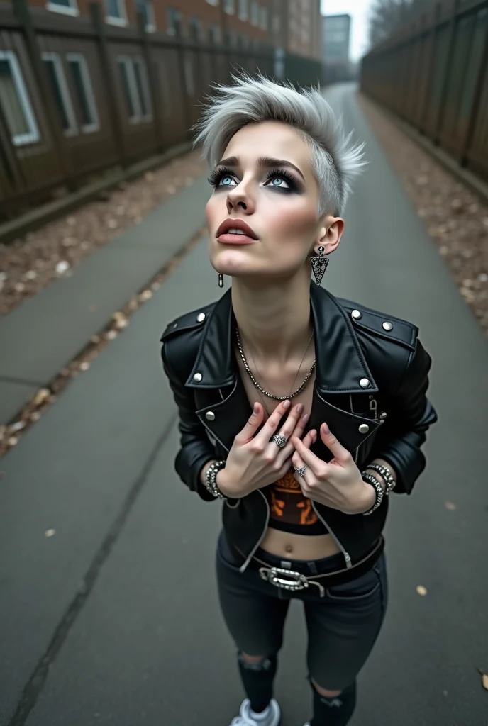 russian milf woman, biker gang member, grey hair (pompadour with shaved sides), with very light blue eyes, extremely pale, heavy eye shadows. Thin. Sad face, smeared excessive make up and lipstick Wearing black moto jacket, cropped t-shirt with devil logo, skinny black jeans and white tennis sneakers . Lots of metallic bracelets and inverted crucifix pendants. Tacky leather belt with oversized, excessive silver buckle. Both ands touch her heart. Wide loop earrings. Looks up like talking to God, mouth and eyes open. Religious ecstasy 