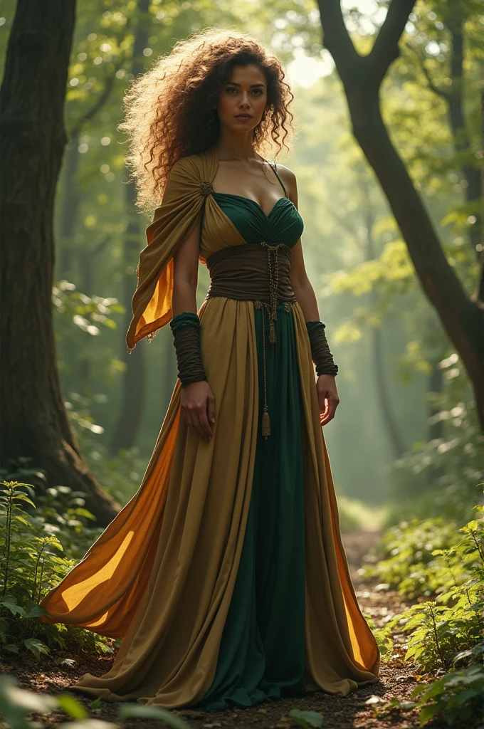 A 25-year-old girl with curly hair, unkempt, dressed in golden beige and green colors and an old brown hooded robe, with an intimidating look and muscular build