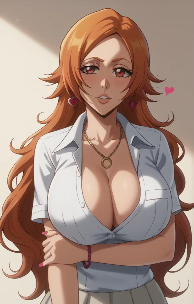 Inoue Orihime,Big breast,white HighSchool uniform with unbuttoned Cleavage,short Grey skirt,lariat necklace,Long pink nail,Hoopa bracelet,Earpiercing,Bleach Anime artstyle,Half eyes open,Stylish Wavy hair,Spouty mouth,Thick lips,Curvy figure,Big wavy hair,Enchanced breast,tight thights,gaze on viewer,ear visible,bouncy breast,unnatural big breast,crossing arm,short sidehair,Short bang hair,heart shaped Earrings,Light blush,Swaying hips,Enormous Big breast,H cup