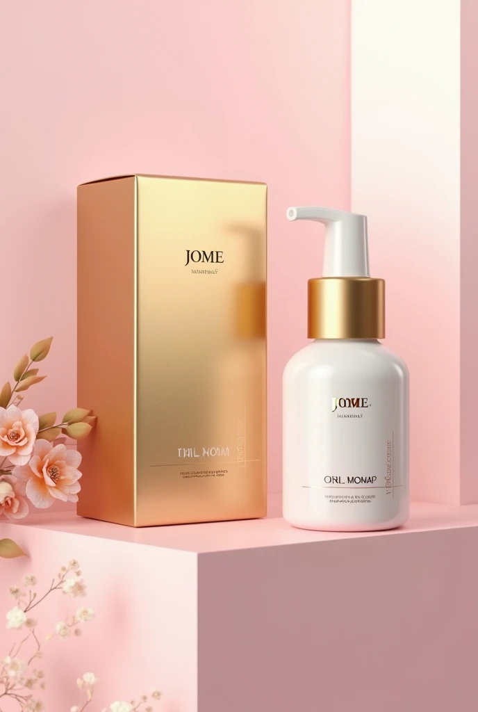 Hair treatment product for damaged hair, whose environmentally friendly packaging must be premium line in gold color, White and pink with push-type dosing valve with innovative design with the JOME brand name and its respective box 
