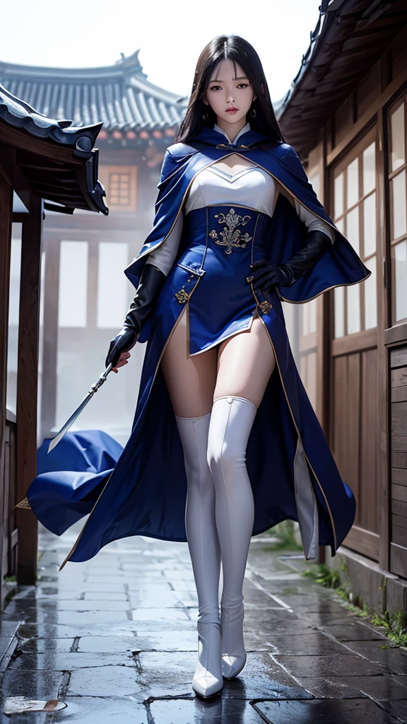 South korea assassin women mystery hooded on with modern royal Blue coat with long and wide sleeves with buttons and royal Blue cape and very high white heel over the knee and white gloves, As she reveals a small secret hidden blade coming from his palm , adding to the character's mysterious and agile appearance, with small movements of air on the cape, jump from roof to roof, in summer at night under the rain,medieval south korea house. sophisticated and highly detailed, ultra hd, realistic, hyper detailed, enhanced colours, ultra sharp focus, with vibrant, rich in details High quality, gorgeous, captivating, 8k, super detailed, stunning shadows, detailed lines, blood stain on coat and gloves, corpses in the street recently murdered