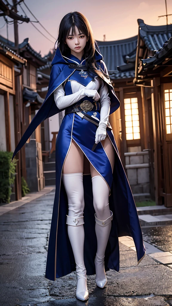 South korea assassin women mystery hooded on with modern royal Blue coat with long and wide sleeves with buttons and royal Blue cape and very high white heel over the knee and white gloves, As she reveals a small secret hidden blade coming from his palm , adding to the character's mysterious and agile appearance, with small movements of air on the cape, jump from roof to roof, in summer at night under the rain,medieval south korea house. sophisticated and highly detailed, ultra hd, realistic, hyper detailed, enhanced colours, ultra sharp focus, with vibrant, rich in details High quality, gorgeous, captivating, 8k, super detailed, stunning shadows, detailed lines, blood stain on coat and gloves, corpses in the street recently murdered