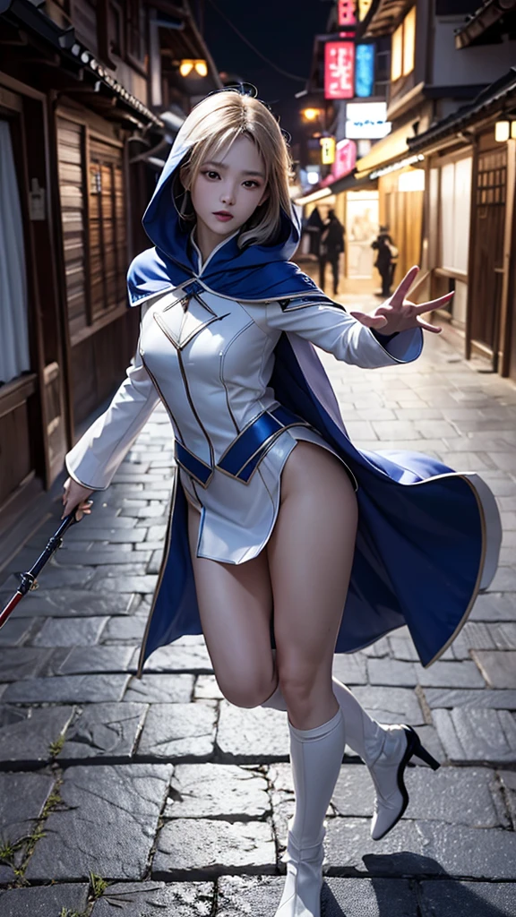 South korea assassin women mystery hooded on with modern royal Blue coat with long and wide sleeves with buttons and royal Blue cape and very high white heel over the knee and white gloves, As she reveals a small secret hidden blade coming from his palm , adding to the character's mysterious and agile appearance, with small movements of air on the cape, jump from roof to roof, in summer at night under the rain,medieval south korea house. sophisticated and highly detailed, ultra hd, realistic, hyper detailed, enhanced colours, ultra sharp focus, with vibrant, rich in details High quality, gorgeous, captivating, 8k, super detailed, stunning shadows, detailed lines, blood stain on coat and gloves, corpses in the street recently murdered