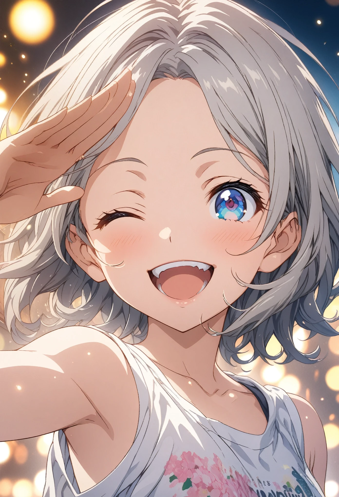 masterpiece, Highest quality, Highly detailed CG Unity 8k wallpaper, High School Girl Anime Illustration. Wear an oversized tank top、salute、Big eyes, Double teeth, she has her eyes closed and mouth open, smile. short hair, Gray Hair, amount, Parted bangs, Bokeh, Written boundary depth