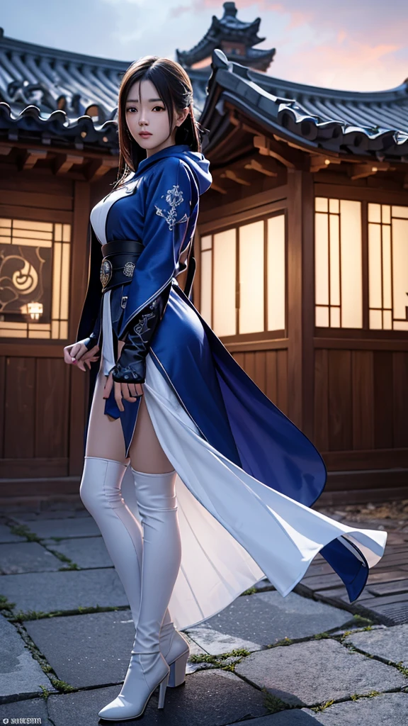 South korea assassin women mystery hooded on with modern royal Blue coat with long and wide sleeves with buttons and royal Blue cape and very high white heel over the knee and white gloves, As she reveals a small secret hidden blade coming from his palm , adding to the character's mysterious and agile appearance, with small movements of air on the cape, jump from roof to roof, in summer at night under the rain,medieval south korea house. sophisticated and highly detailed, ultra hd, realistic, hyper detailed, enhanced colours, ultra sharp focus, with vibrant, rich in details High quality, gorgeous, captivating, 8k, super detailed, stunning shadows, detailed lines, blood stain on coat and gloves, corpses in the street recently murdered