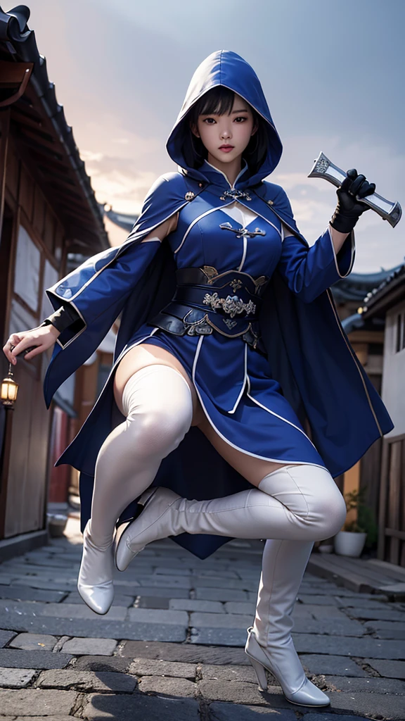 South korea assassin women mystery hooded on with modern royal Blue coat with long and wide sleeves with buttons and royal Blue cape and very high white heel over the knee and white gloves, As she reveals a small secret hidden blade coming from his palm , adding to the character's mysterious and agile appearance, with small movements of air on the cape, jump from roof to roof, in summer at night under the rain,medieval south korea house. sophisticated and highly detailed, ultra hd, realistic, hyper detailed, enhanced colours, ultra sharp focus, with vibrant, rich in details High quality, gorgeous, captivating, 8k, super detailed, stunning shadows, detailed lines, blood stain on coat and gloves, corpses in the street recently murdered
