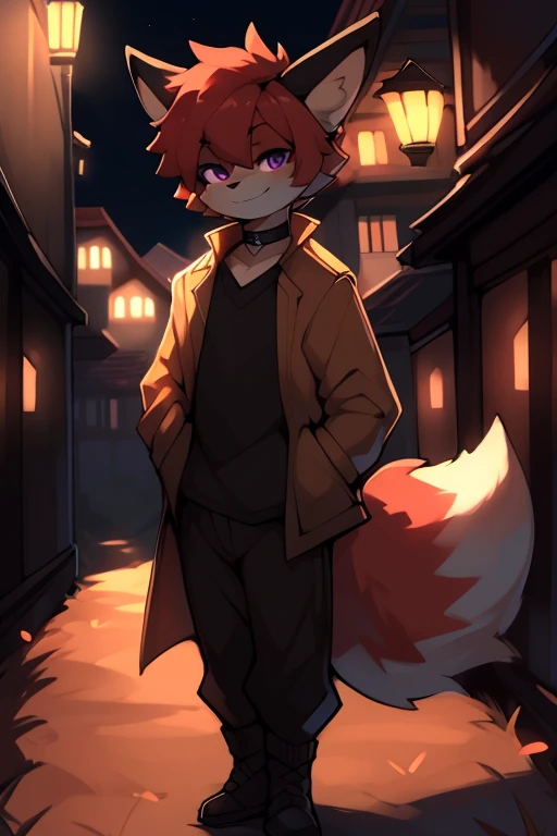 (Artist by zackary911, 8k, high quality, detailed eyes and fur, night, residents background), solo, male fox, anthro, red satured fur, red body, male body, purple eyes, black ears, red hair, short hair, hair cover eye, hands white, choker, eyeliner black, beige jacket, black shirt, alone, without group, without doubles, full length, completely complete everything. smiling, in the field