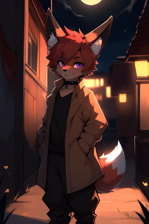 (Artist by zackary911, 8k, high quality, detailed eyes and fur, night, residents background), solo, male fox, anthro, red satured fur, red body, male body, purple eyes, black ears, red hair, short hair, hair cover eye, hands white, choker, eyeliner black, beige jacket, black shirt, alone, without group, without doubles, full length, completely complete everything. smiling, in the field