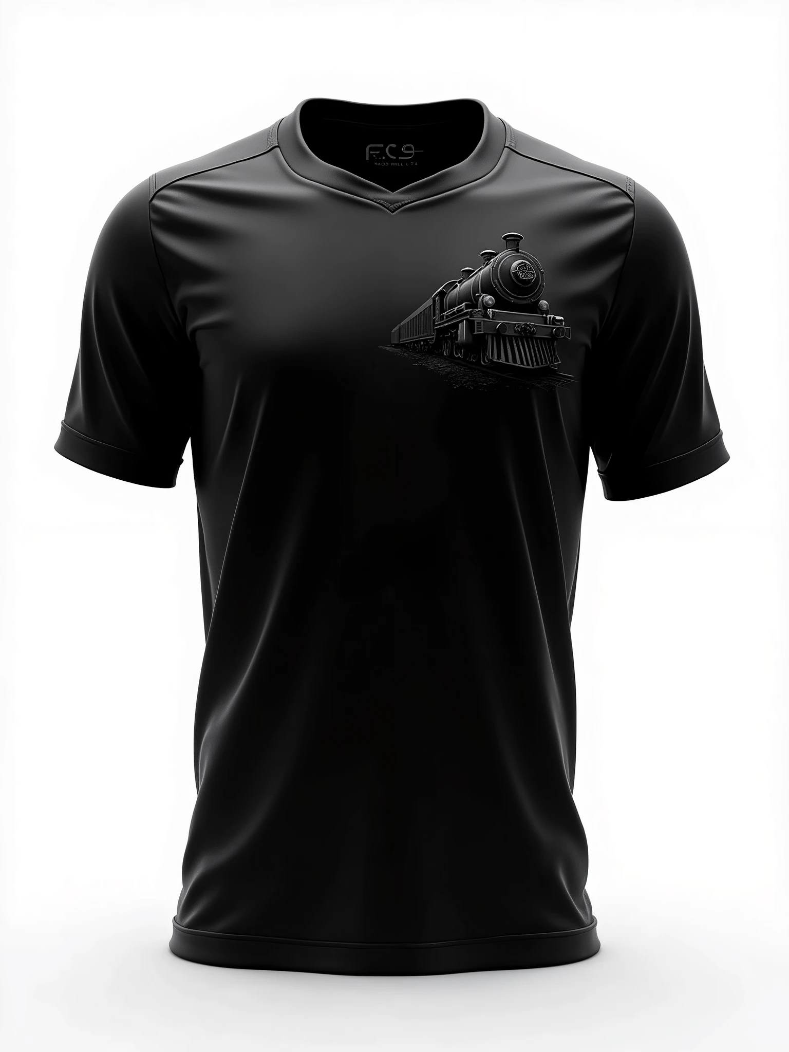 A minimalist all-black soccer team uniform, embossed image of a model steam train viewed from the front on the right side of the chest