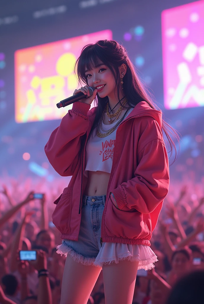realistic,8k,Beautiful asian girl, hiphop idol estilo love live, singing for his fans at the stadium