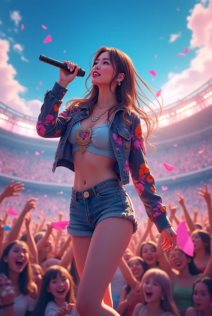 realistic,8k,Beautiful asian girl, hiphop idol estilo love live, singing for his fans at the stadium