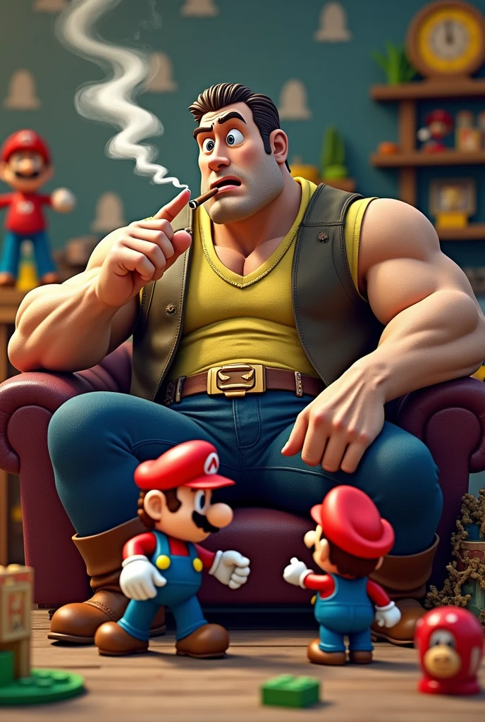 A muscular Toy Story character named Boody, smoking a cigarette with a disgusted face towards a pixelated Mario Bros.