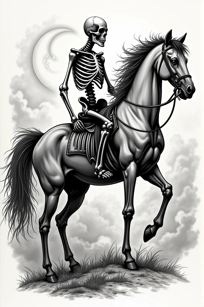 Create an engraving tattoo stencil image of a skeleton on a horse