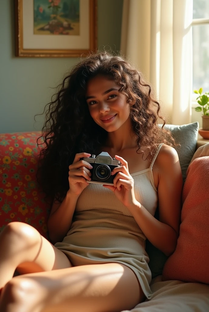 A brunette girl with curly hair and big breasts sits with her legs stretched out, taking a realistic photo
