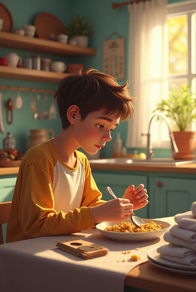 young man with limitations in activities of daily living according to the ICF, eat, Get dressed, perform household chores