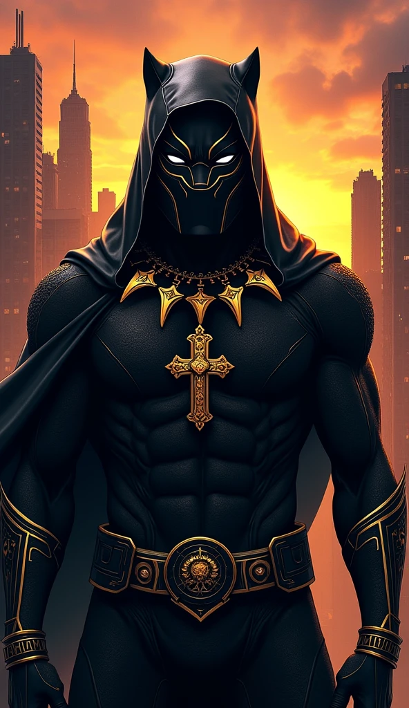 gigachad black panther with hood, With a cross necklace