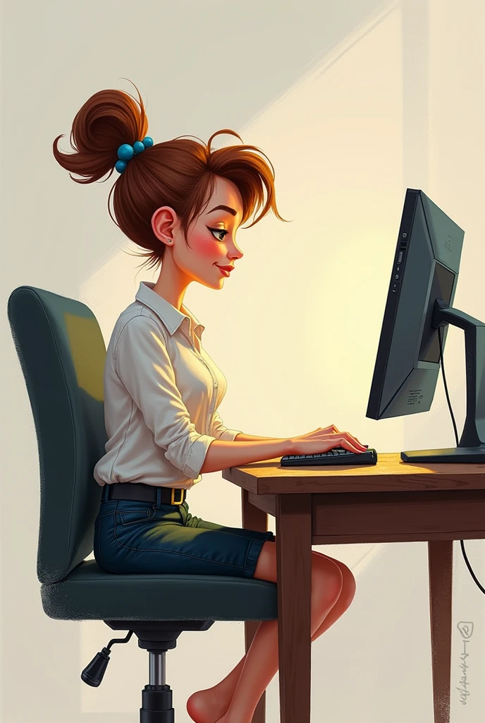 art mignon, femme, un ordinateur sur un bureau, dessin, vue de 3/4