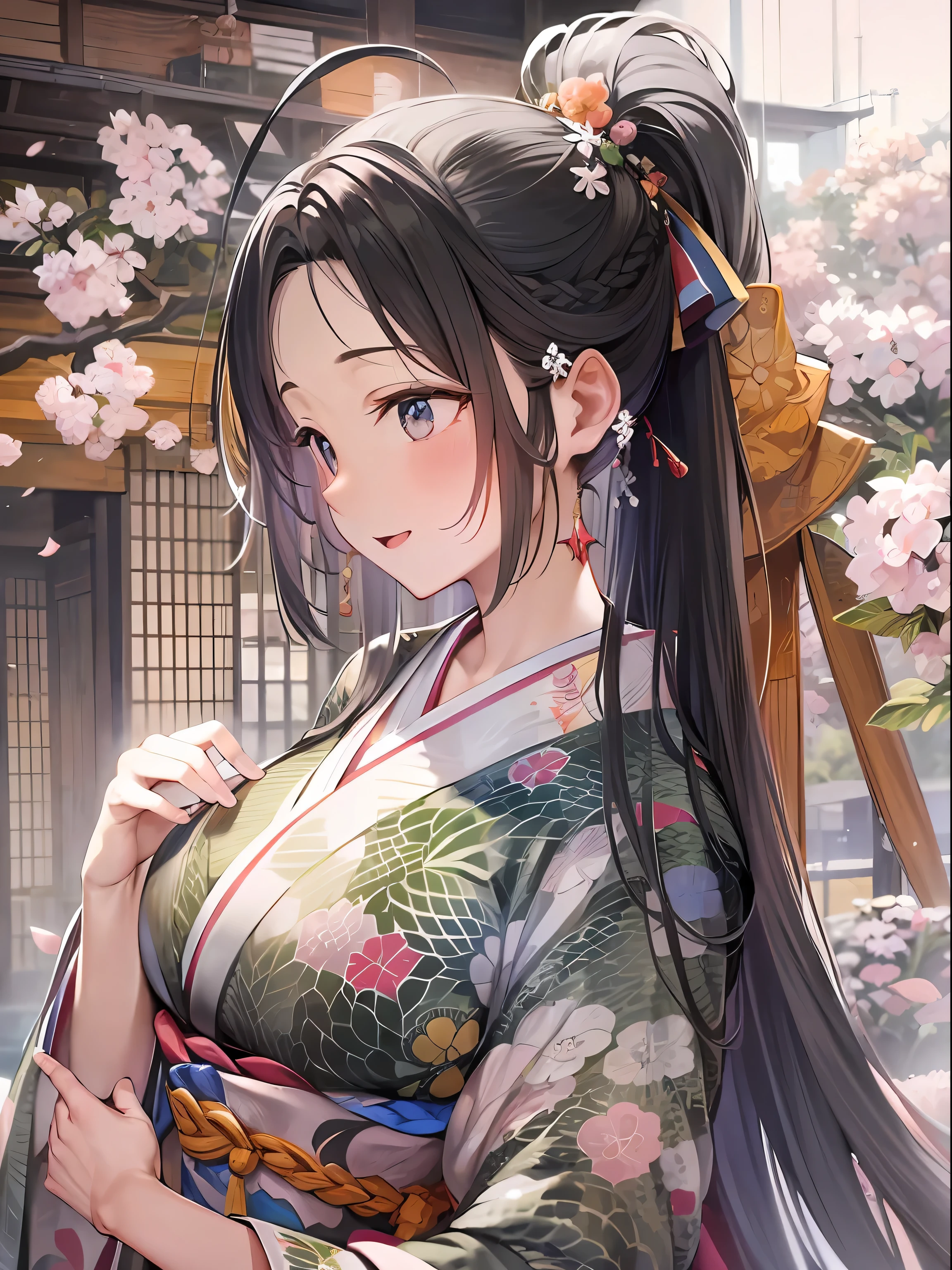 (8k、Highest quality、masterpiece)、Taisho Era、Japanese Kimono、Beautiful adult woman、elegant,((超huge huge huge Big Breasts)),Lost in Thought、boredom、sentimental、Suffocate、Enlightened smile、Long-haired and dark-haired、Ahoge、Braided ponytail、