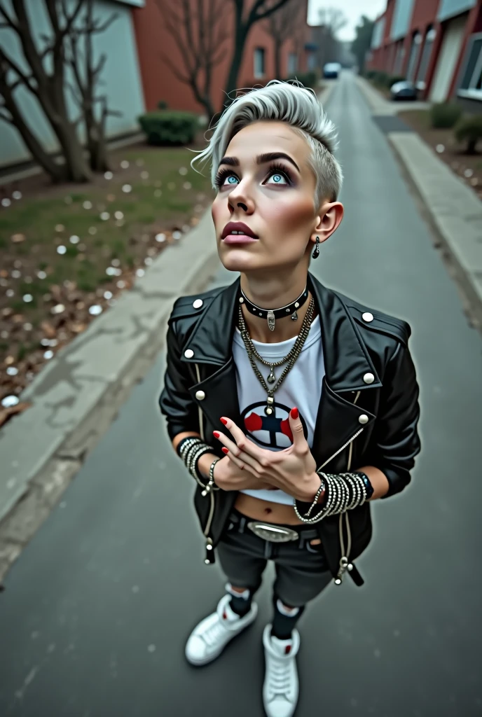 russian milf woman, biker gang member, grey hair (pompadour with shaved sides), with very light blue eyes, extremely pale, heavy eye shadows. Thin. Sad face, smeared excessive make up and lipstick Wearing black moto jacket, cropped t-shirt with devil logo, skinny black jeans and white tennis sneakers . Lots of metallic bracelets and inverted crucifix pendants. Tacky leather belt with oversized, excessive silver buckle. Both ands touch her heart. Wide loop earrings. Looks up like talking to God, mouth and eyes open. Religious ecstasy 