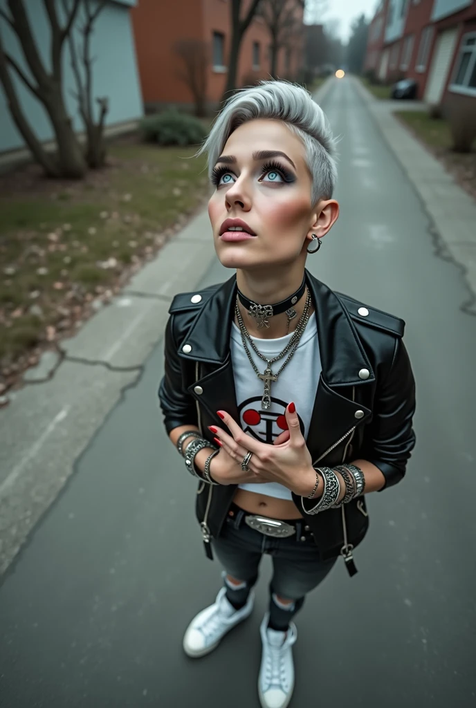 russian milf woman, biker gang member, grey hair (pompadour with shaved sides), with very light blue eyes, extremely pale, heavy eye shadows. Thin. Sad face, smeared excessive make up and lipstick Wearing black moto jacket, cropped t-shirt with devil logo, skinny black jeans and white tennis sneakers . Lots of metallic bracelets and inverted crucifix pendants. Tacky leather belt with oversized, excessive silver buckle. Both ands touch her heart. Wide loop earrings. Looks up like talking to God, mouth and eyes open. Religious ecstasy 