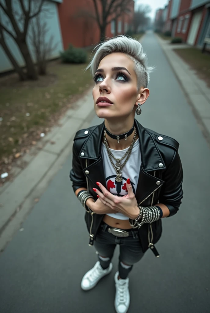 russian milf woman, biker gang member, grey hair (pompadour with shaved sides), with very light blue eyes, extremely pale, heavy eye shadows. Thin. Sad face, smeared excessive make up and lipstick Wearing black moto jacket, cropped t-shirt with devil logo, skinny black jeans and white tennis sneakers . Lots of metallic bracelets and inverted crucifix pendants. Tacky leather belt with oversized, excessive silver buckle. Both ands touch her heart. Wide loop earrings. Looks up like talking to God, mouth and eyes open. Religious ecstasy 