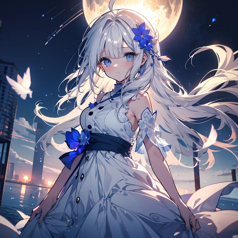 1 person、Mature、Ample breasts、Long Hair、White Hair、Hair blowing in the wind、Fleeting、Delicate hair、dress、Shoulder Bare、pray、Night Sky、Lakeside、Stars Shining、mysterious、sing、Sad face、Dwelling on it、白いdress、An endless hell、Tears、Guide me、Before dawn、Bathed in the morning sun、blue flower、High resolution、Highest quality