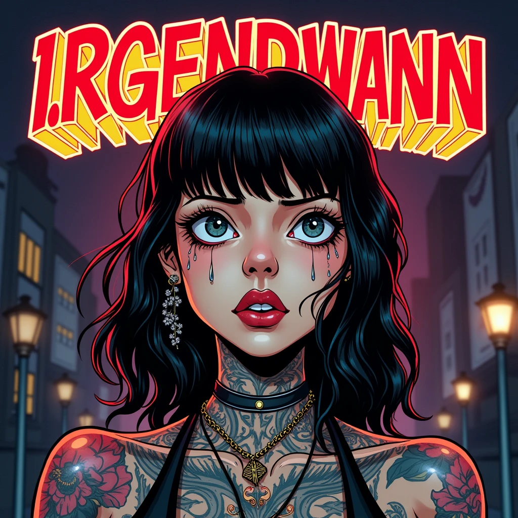 Asian Girl Rapper, pretty, face_tattoos, comic style, cartoon, dark sad vibe, tears, Album cover, "IRGENDWANN", Letters say IRGENDWANN, dark, comic style, gangster, tech wear outfit, dynamic