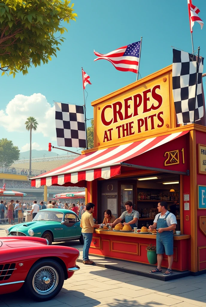 create a cars style ad
"Crepes at the Pits"
"TODAY ONLY 2x1"
"crepes, waffles y hotcakes"
in Spanish
