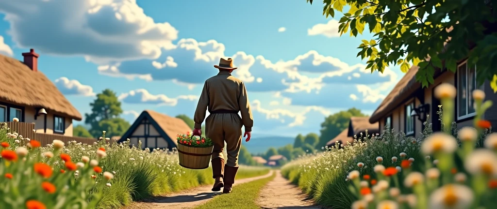An image of a country gentleman, carrying a bucket, going home, em um vilarejo, country man, photo realist, image from bottom to top, horizon line  