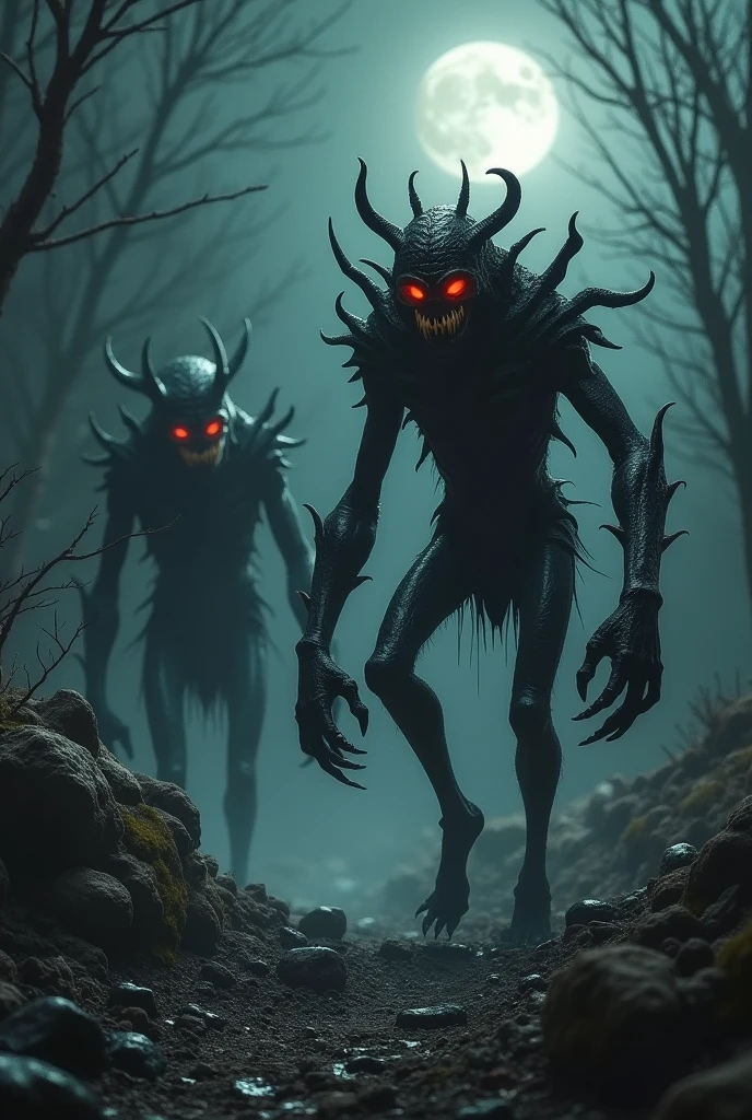 These aberrations have contorted bodies, with misshapen and disproportionate limbs. Their skin is black as pitch, covered in thick scales that seem to gleam with an oily sheen in the moonlight. At some points, sharp bones break through the skin, like sharp thorns ready to pierce anything that comes near. Their eyes are orbs of a bright red, radiating an insatiable malice and a primal hatred. As they move, their bodies emit a sound similar to stones being dragged, mixed with the wet sound of flesh rubbing against flesh.