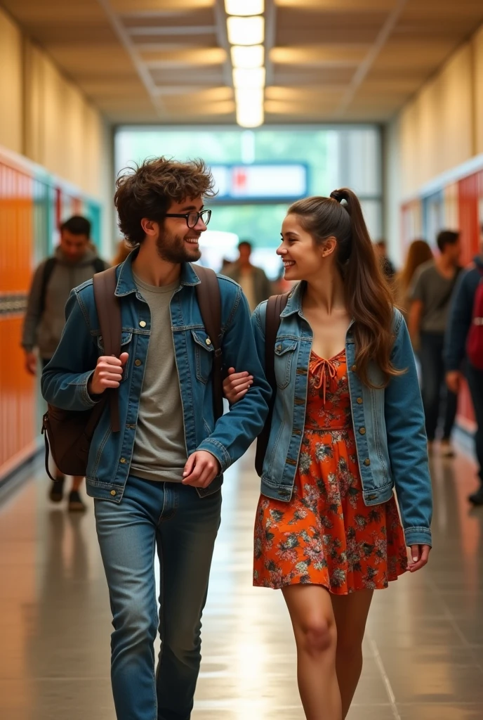 An adult boy and a adult girl walking in the hallway towards their classroom in college