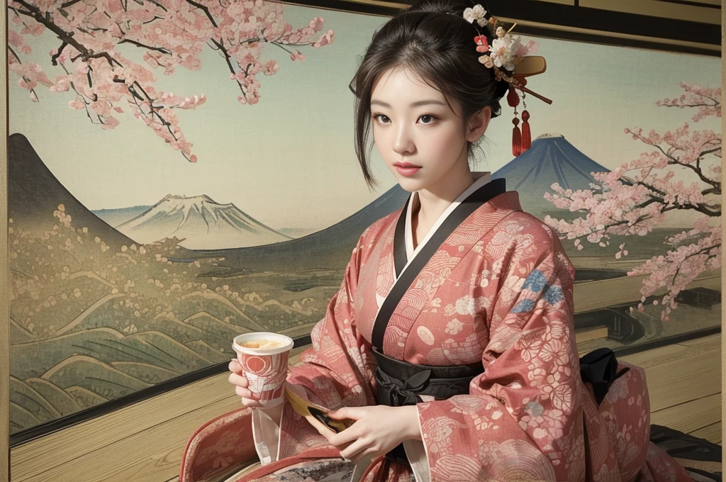 A woman eating McDonald's fries.、(background：Cherry blossoms on the mountain are covered with mist)((Ukiyo-e))japanese art,or period,tokyo art, lily,Natural landscape.(masseter membrane、top quality、Ukiyo-e style、mystery、Exquisite and beautiful、official art、Sharaku:1.2)、(1 japanese girl in:1.3)、(fractal art:1.3)、cowboy shooting、White skin、(beautiful brunette、kimono:1.2)、With Japanese traditional performing arts as the background、colorful、(reel、Belongs to Japanese style:1.2)、