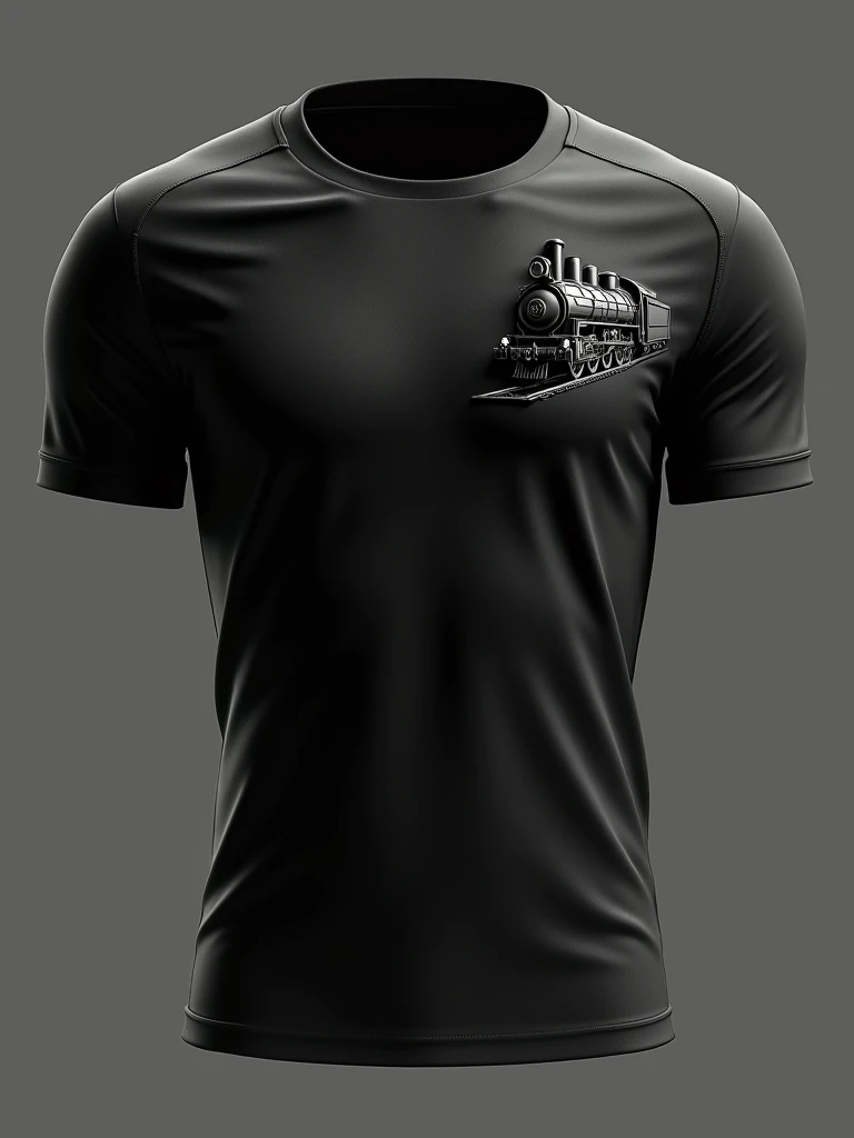 A minimalist all-black soccer team uniform, Symbol of a model train with a front view, high relief on the right side of the chest