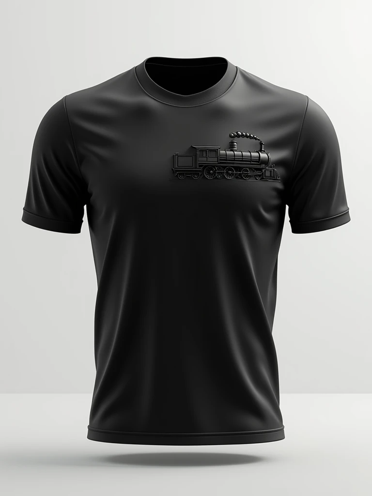 A minimalist all-black soccer team uniform, Symbol of a model train with a front view, high relief on the right side of the chest