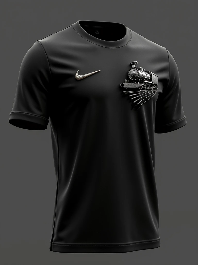 A minimalist all-black soccer team uniform, Symbol of a model train with a front view, high relief on the right side of the chest