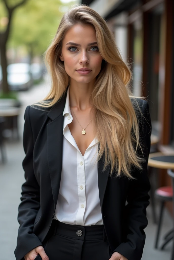 30 year old woman, blonde, long hair, casual formal clothing covering the body, face photo , dark shaped eyes 