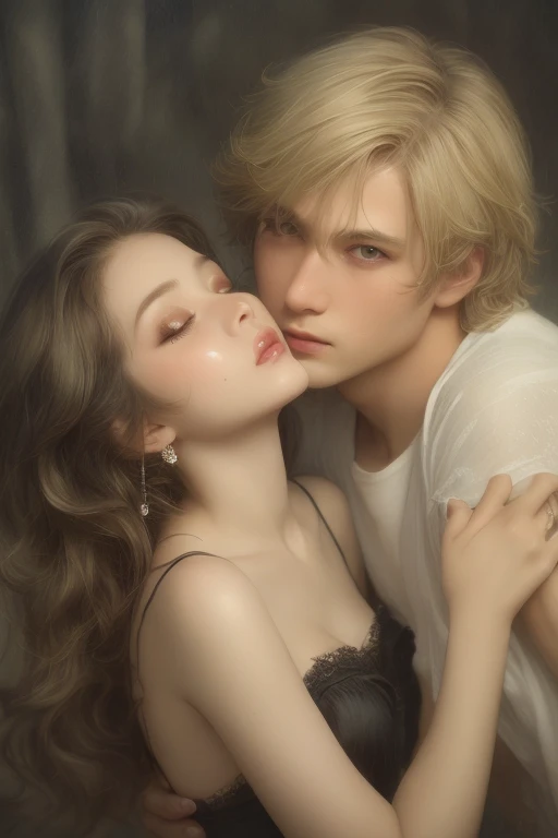 Soft lighting、Dramatic Shadows、A calming color palette、
Couple: Blond man (expensive, Statue-like, good looking, A brave young man with blue eyes, Curly blonde, Wearing an antique grey military uniform) He embraces the dark-haired woman (Sensual woman、Beautiful and detailed、Beautiful and delicate lips、Highly detailed face、Long eyelashes、Elegant appearance、Gothic Dress、A beautiful young femme fatale, she has blackberry eyes, Black panties、Sensual pose、Bold Pose、The skin is damp、sweating、Expressions of Ecstasy、Heavily wet、With water droplets). They are in love with each other. Sketch of、Beautiful Face, Beautiful Face立ち, Perfect image, , Full body image, Detailed Images, Highly detailed illustration, Carefully drawn.Watercolor