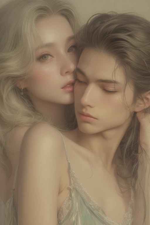 Soft lighting、Dramatic Shadows、A calming color palette、
Couple: Blond man (expensive, Statue-like, good looking, A brave young man with blue eyes, Curly blonde, Wearing an antique grey military uniform) He embraces the dark-haired woman (Sensual woman、Beautiful and detailed、Beautiful and delicate lips、Highly detailed face、Long eyelashes、Elegant appearance、Gothic Dress、A beautiful young femme fatale, she has blackberry eyes, Black panties、Sensual pose、Bold Pose、The skin is damp、sweating、Expressions of Ecstasy、Heavily wet、With water droplets). They are in love with each other. Sketch of、Beautiful Face, Beautiful Face立ち, Perfect image, , Full body image, Detailed Images, Highly detailed illustration, Carefully drawn.Watercolor
