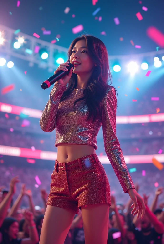 realistic,8k,Beautiful asian girl, hiphop idol estilo love live, singing for his fans at the stadium