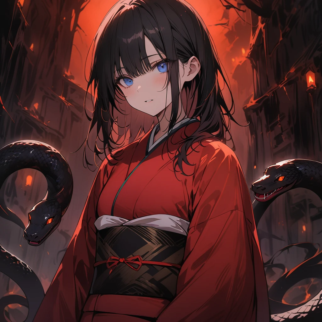 woman, Fair skin, Black Hair, blue eyes, black snake on the lower half of her body, Mysterious eyes, A kimono with dark colors, primarily black., snake, masterpiece, Highest quality, Spooky atmosphere, hell, Unlit, night
