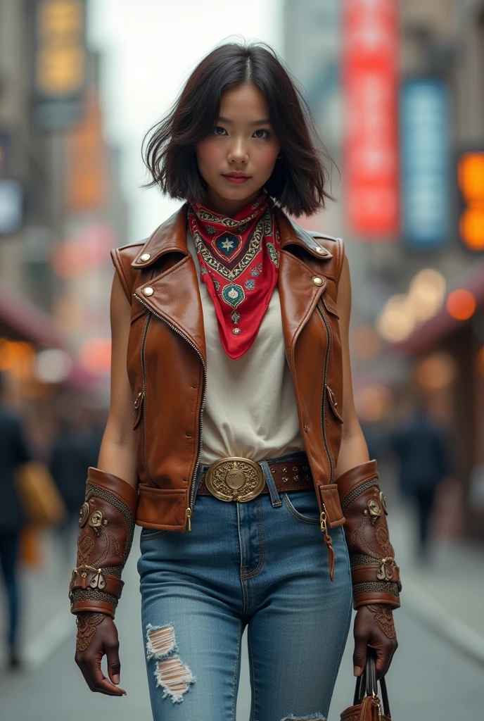 A Japanese woman walks through the city,Building,A plant,ssmile,mixed Korean,The background is blurred,Focus,light,(((masterpiece))), ((best quality)), ((Complex and detailed)), ((ultra-realistic realism)), ridiculous resolution, A MILF, adult woman, seethru, muito detalhado, enlightenment, 1Girl, (huge tits), narrow waist and wide hips,Long, lovely, detailled eyes, short, detailed information Hair, brunette color hair, a violet eye, (Western denim:1.2),Western Cowboyhut,cowboy boots,Cowhide leather vest,chaparejos,Western Denim Shawl,Western-Cowgirl,Play as Red Dead Redemption,American cowboys,Westworld,Cowboy Bounty Hunter,Wears a Mexican wide-brimmed felt hat with a high peak、Carry a Colt revolver or a Winchester rifle on your shoulder、Wrapped around a cartridge belt、Wear a denim leather top、and corset sleeves with tight multi-bag jeans、Step into a pair of high leather boots with spikes、A colorful printed square around the neck,(no underwear),pantiess, detailed background, perfect eyes, Seductive eye, Viewers look at, from front view,Wear light,
