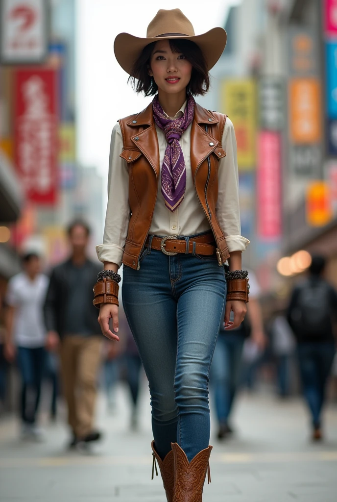 A Japanese woman walks through the city,Building,A plant,ssmile,mixed Korean,The background is blurred,Focus,light,(((masterpiece))), ((best quality)), ((Complex and detailed)), ((ultra-realistic realism)), ridiculous resolution, A MILF, adult woman, seethru, muito detalhado, enlightenment, 1Girl, (huge tits), narrow waist and wide hips,Long, lovely, detailled eyes, short, detailed information Hair, brunette color hair, a violet eye, (Western denim:1.2),Western Cowboyhut,cowboy boots,Cowhide leather vest,chaparejos,Western Denim Shawl,Western-Cowgirl,Play as Red Dead Redemption,American cowboys,Westworld,Cowboy Bounty Hunter,Wears a Mexican wide-brimmed felt hat with a high peak、Carry a Colt revolver or a Winchester rifle on your shoulder、Wrapped around a cartridge belt、Wear a denim leather top、and corset sleeves with tight multi-bag jeans、Step into a pair of high leather boots with spikes、A colorful printed square around the neck,(no underwear),pantiess, detailed background, perfect eyes, Seductive eye, Viewers look at, from front view,Wear light,