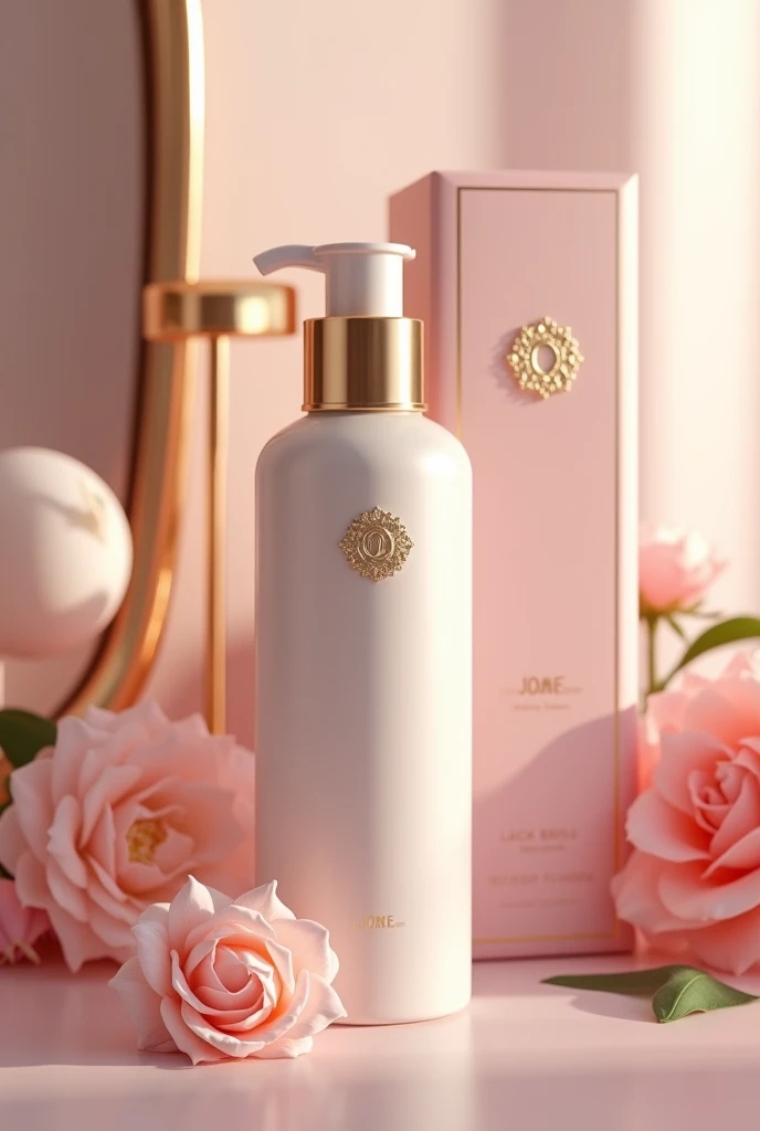 Hair treatment product for damaged hair, whose environmentally friendly packaging must be premium line in gold color, White and pink with push-type dosing valve with innovative design with the JOME brand name and its respective box 