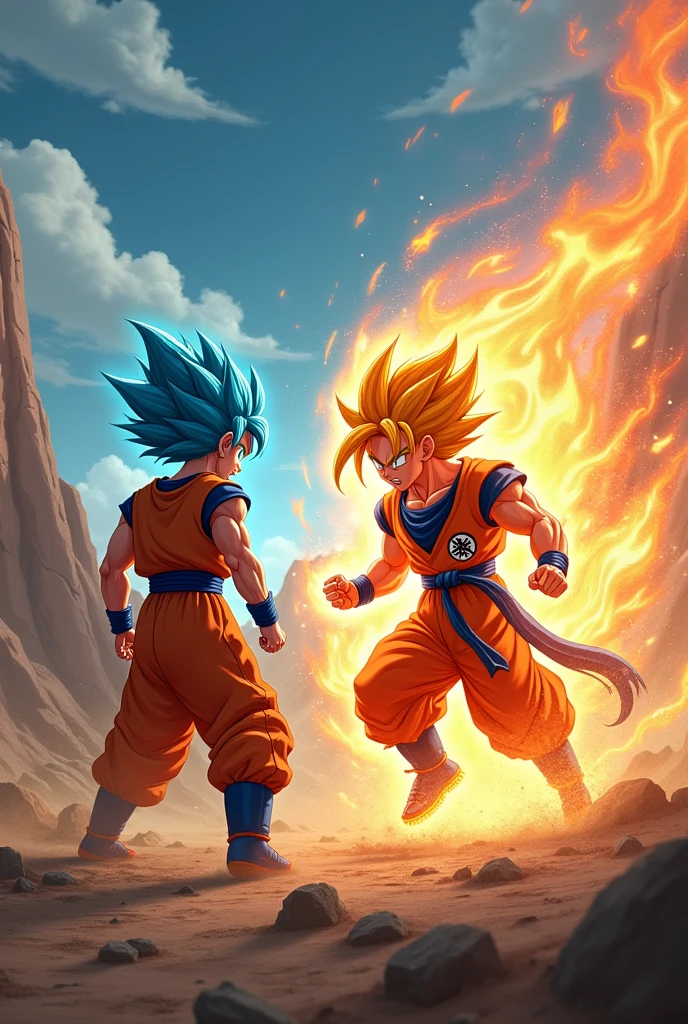 Create a teenage human fox man
with blue hair and fox ears fighting Goku