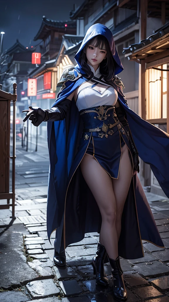 South korea assassin women mystery hooded on with modern royal Blue coat with long and wide sleeves with buttons and royal Blue cape and very high white heel over the knee and white gloves, As she reveals a small secret hidden blade coming from his palm , adding to the character's mysterious and agile appearance, with small movements of air on the cape, jump from roof to roof, in summer at night under the rain,medieval south korea house. sophisticated and highly detailed, ultra hd, realistic, hyper detailed, enhanced colours, ultra sharp focus, with vibrant, rich in details High quality, gorgeous, captivating, 8k, super detailed, stunning shadows, detailed lines, blood stain on coat and gloves, corpses in the street recently murdered